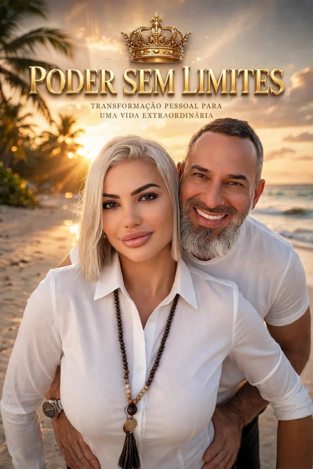 Bárbara Ekys e seu parceiro em uma paisagem à beira-mar
